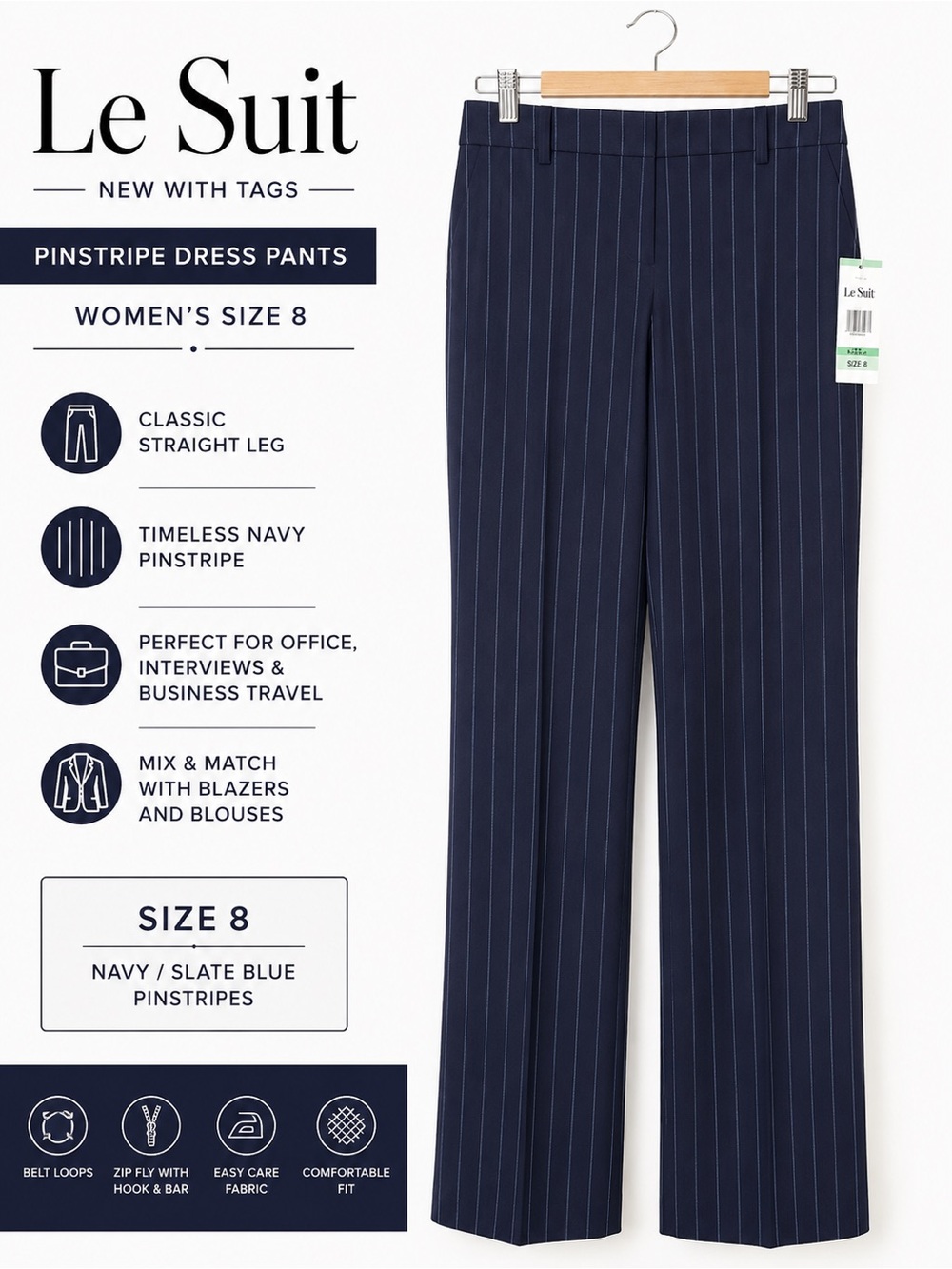 Le Suit Navy Pinstripe Straight-Leg Dress Pants NWT
